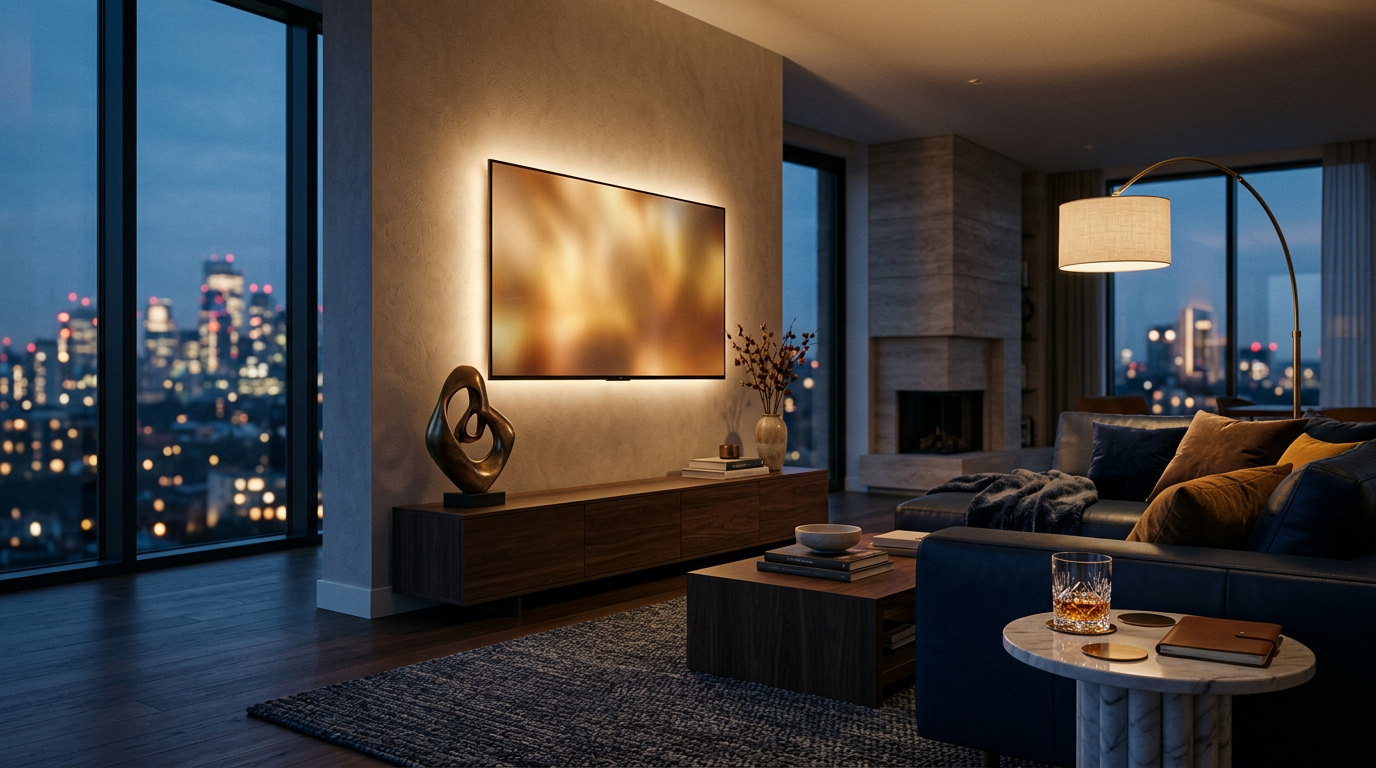 Stillwater Media cinematic visual of a refined living room at dusk with a wall-mounted television glowing amber, representing CTV advertising for high-ticket products