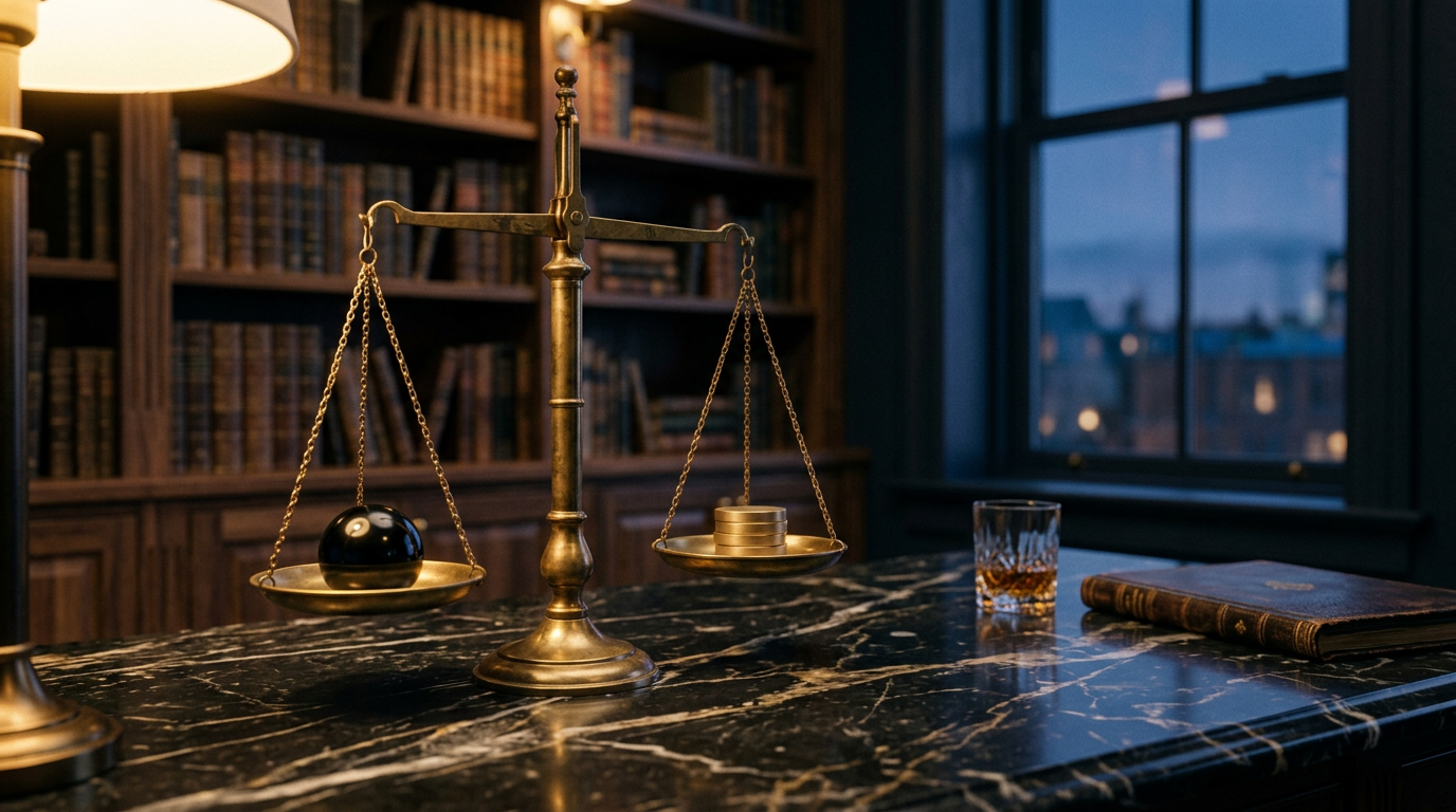 Stillwater Media cinematic image of a brass balance scale on a dark marble desk in a private study, representing the question of whether programmatic advertising is worth it for luxury brands