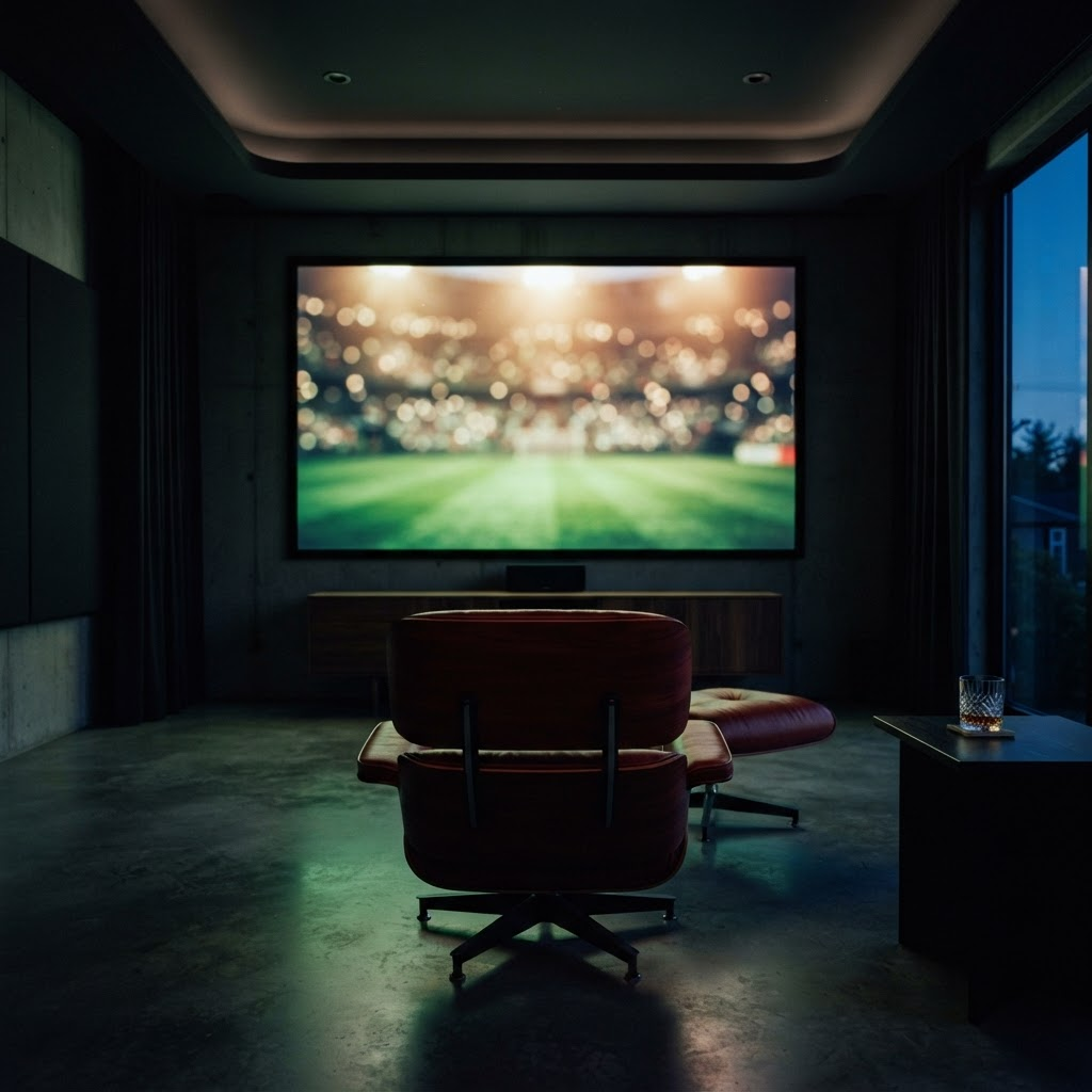 Stillwater Media illustration of live sports streaming advertising — an empty luxury media room lit by a large screen showing a blurred, glowing stadium field