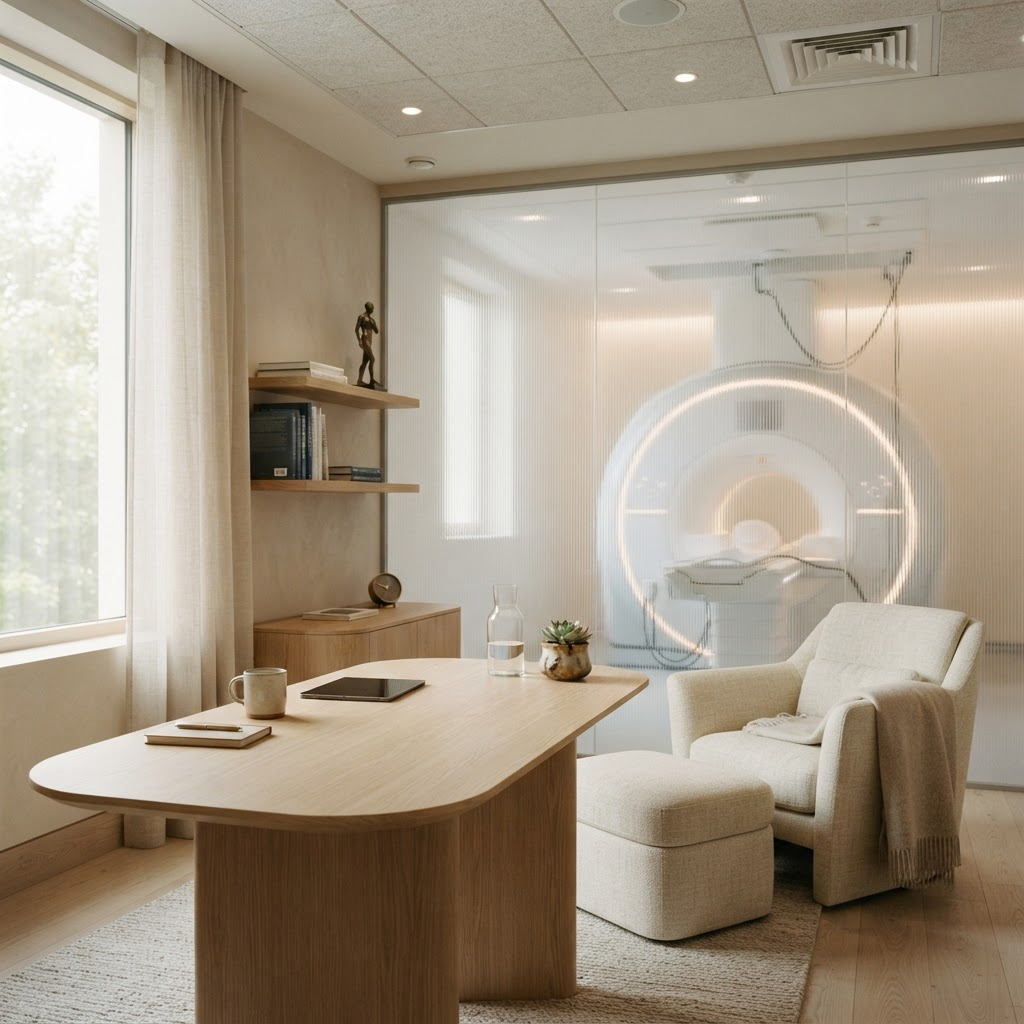 A serene, light-filled longevity clinic consultation room in pale oak and linen with a modern imaging machine behind frosted glass, illustrating Stillwater Media's guide to longevity clinic advertising and reaching affluent patients.