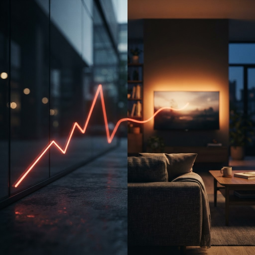 An abstract rising cost curve dissolving into the calm glow of a television screen, illustrating Stillwater Media's guide to how to lower CAC with CTV advertising.