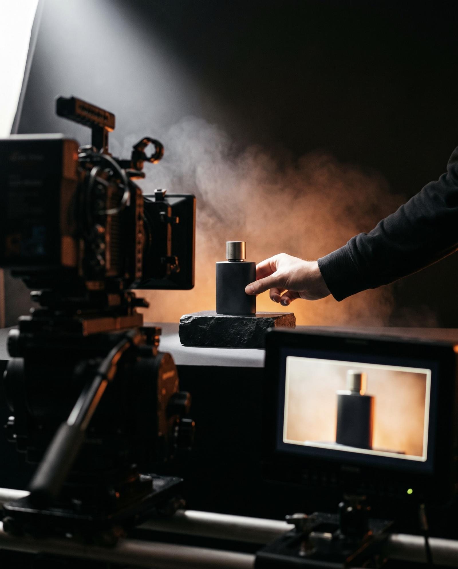 A luxury product being styled on set, framed on a director's monitor beside a cinema camera