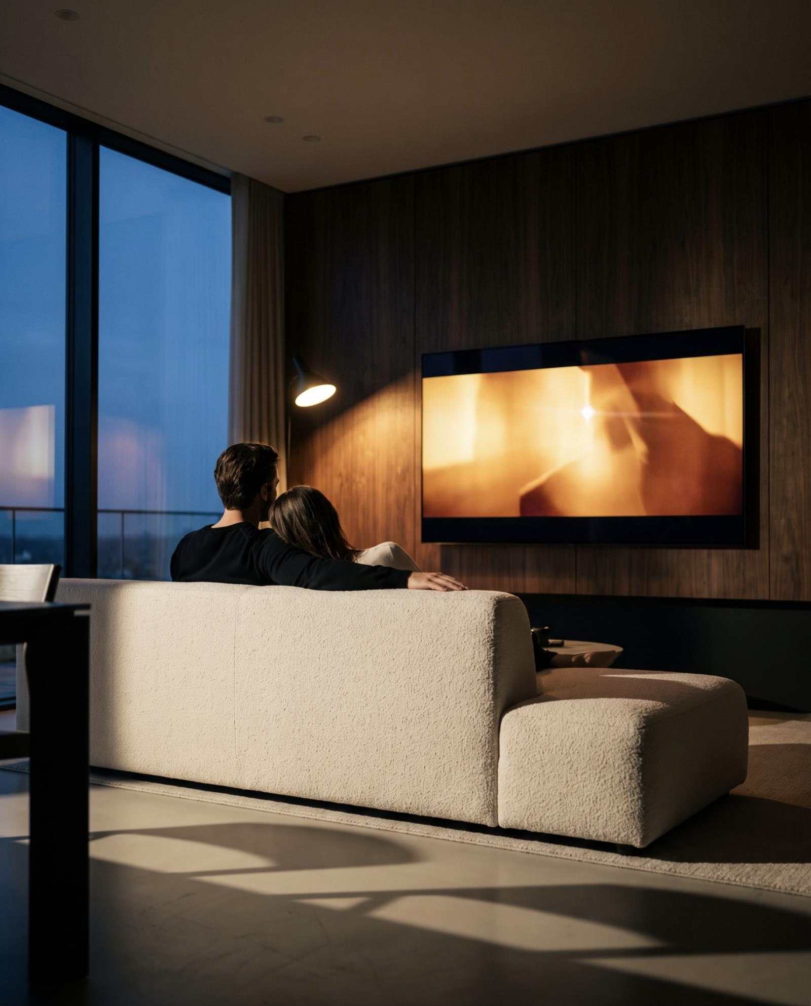 A couple watching a wall-mounted connected TV in a refined living room at dusk