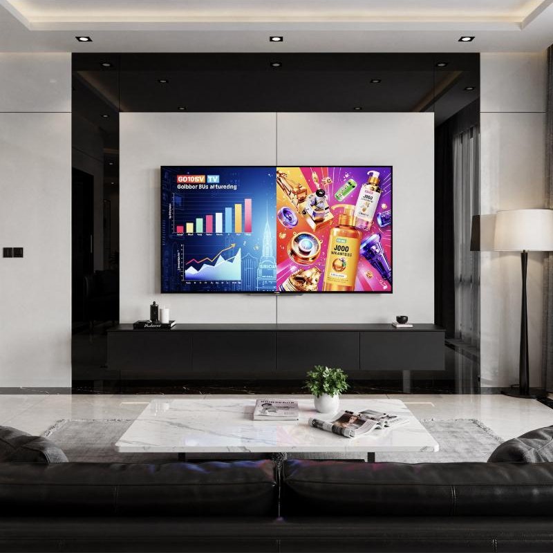 A modern living room with a wall-mounted connected TV