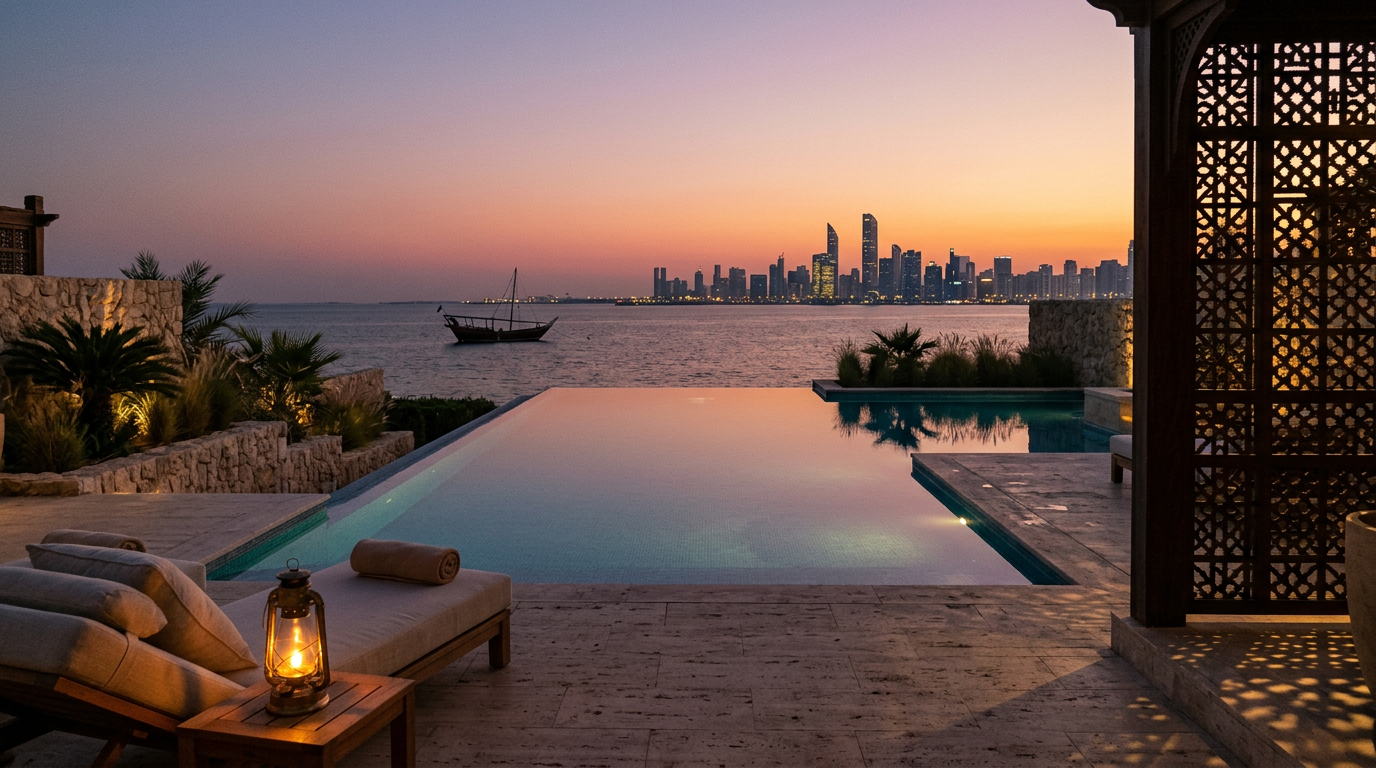 Stillwater Media cinematic image of a private villa terrace overlooking a Gulf coastline and city skyline at dusk, representing a luxury advertising agency in the Middle East