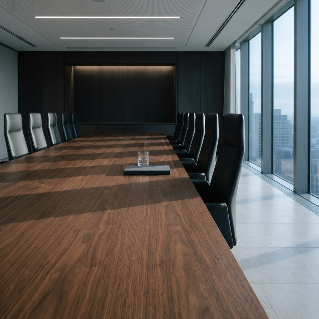 Stillwater Media guide to luxury advertising budget allocation - an empty boardroom at dawn with a long walnut table, representing the annual media planning decision facing luxury brand leadership.
