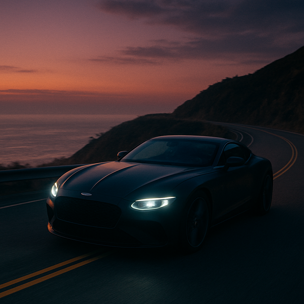 Cinematic shot of a luxury sports car on a coastal road at dusk representing luxury automotive advertising