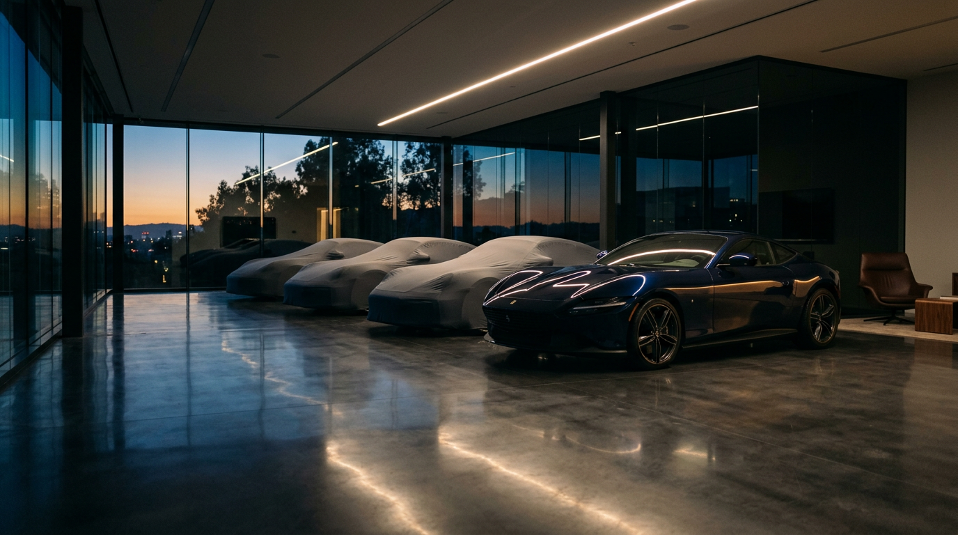 Stillwater Media cinematic image of covered performance cars in a private showroom at dusk, representing a luxury automotive group advertising agency engagement