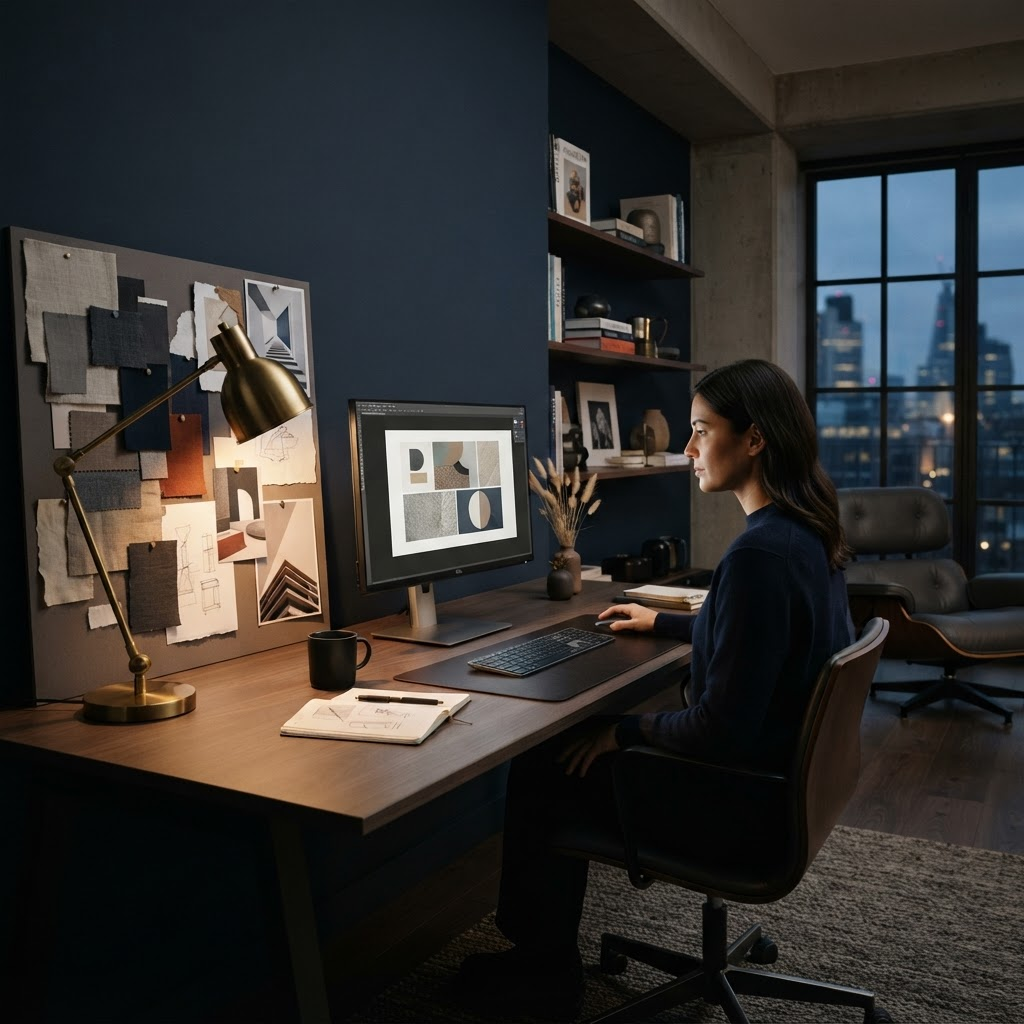 Stillwater Media luxury brand advertising agency illustration showing a considered, editorial media strategy workspace at golden hour representing premium performance media