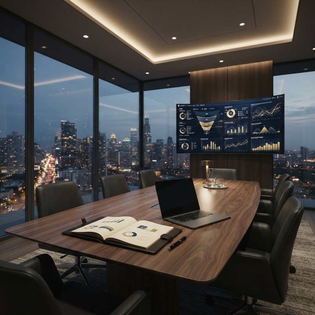 Stillwater Media luxury brand digital marketing strategy analytics displayed on premium monitors in a high-end agency conference room