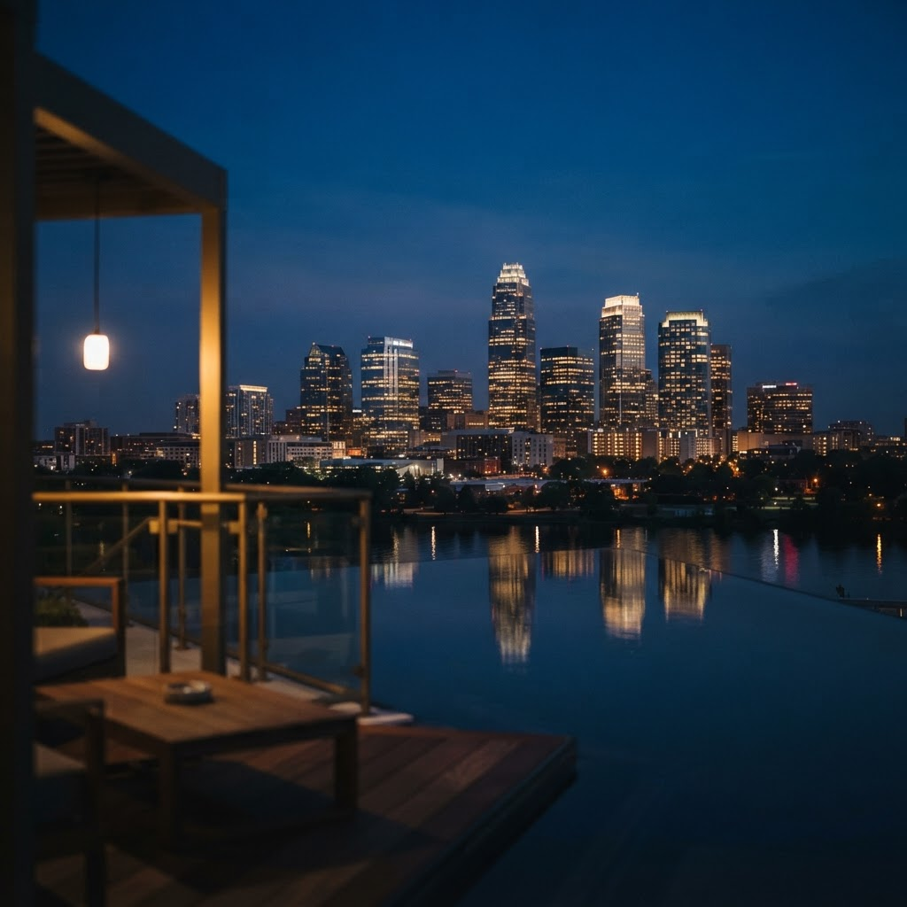 Stillwater Media guide illustration on choosing a luxury digital marketing agency in Charlotte NC showing the Charlotte skyline reflected in still water at blue hour, representing a premium, discreet media partner serving affluent brands in the Southeast