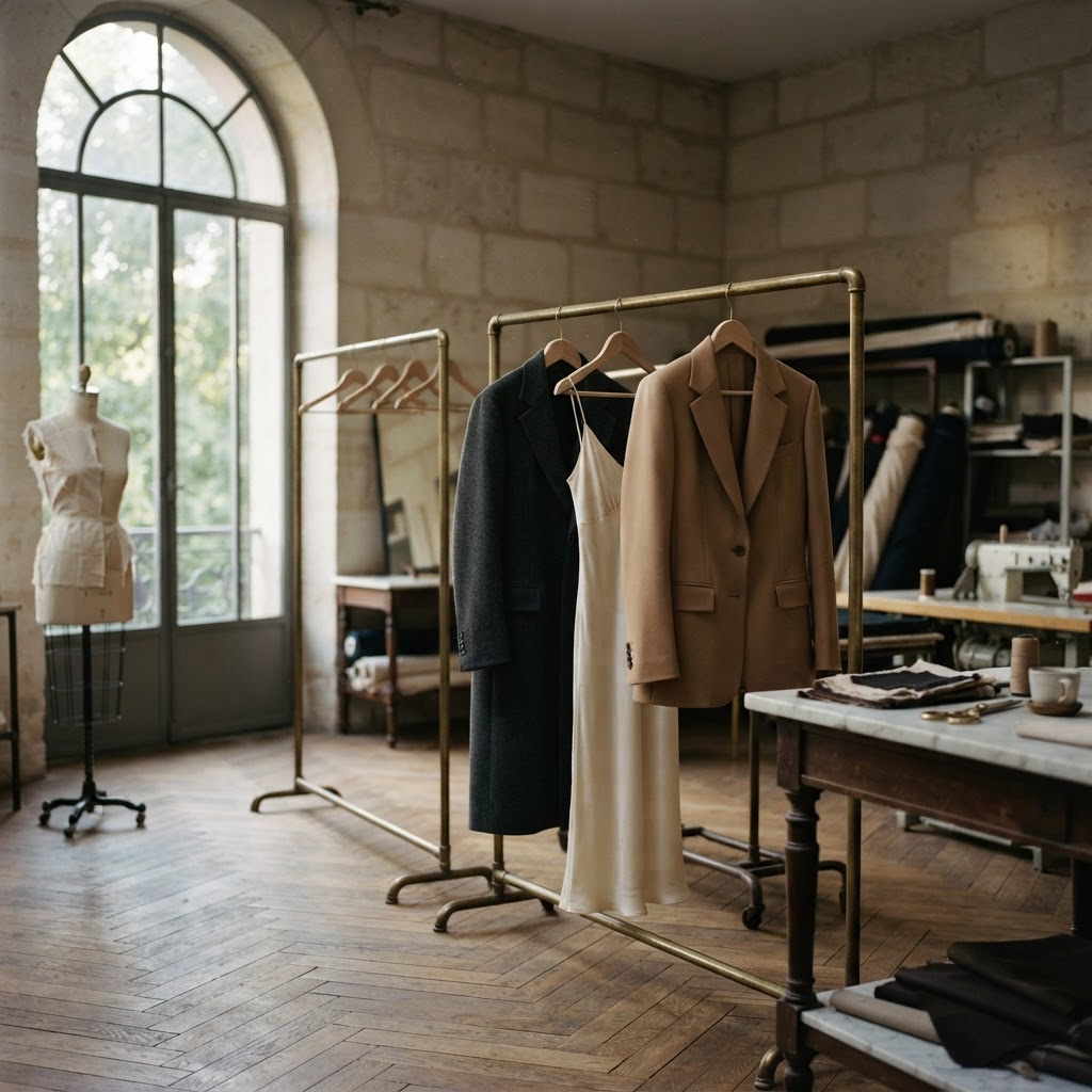 An editorial fashion atelier interior with tailored garments on brass rails and soft directional daylight