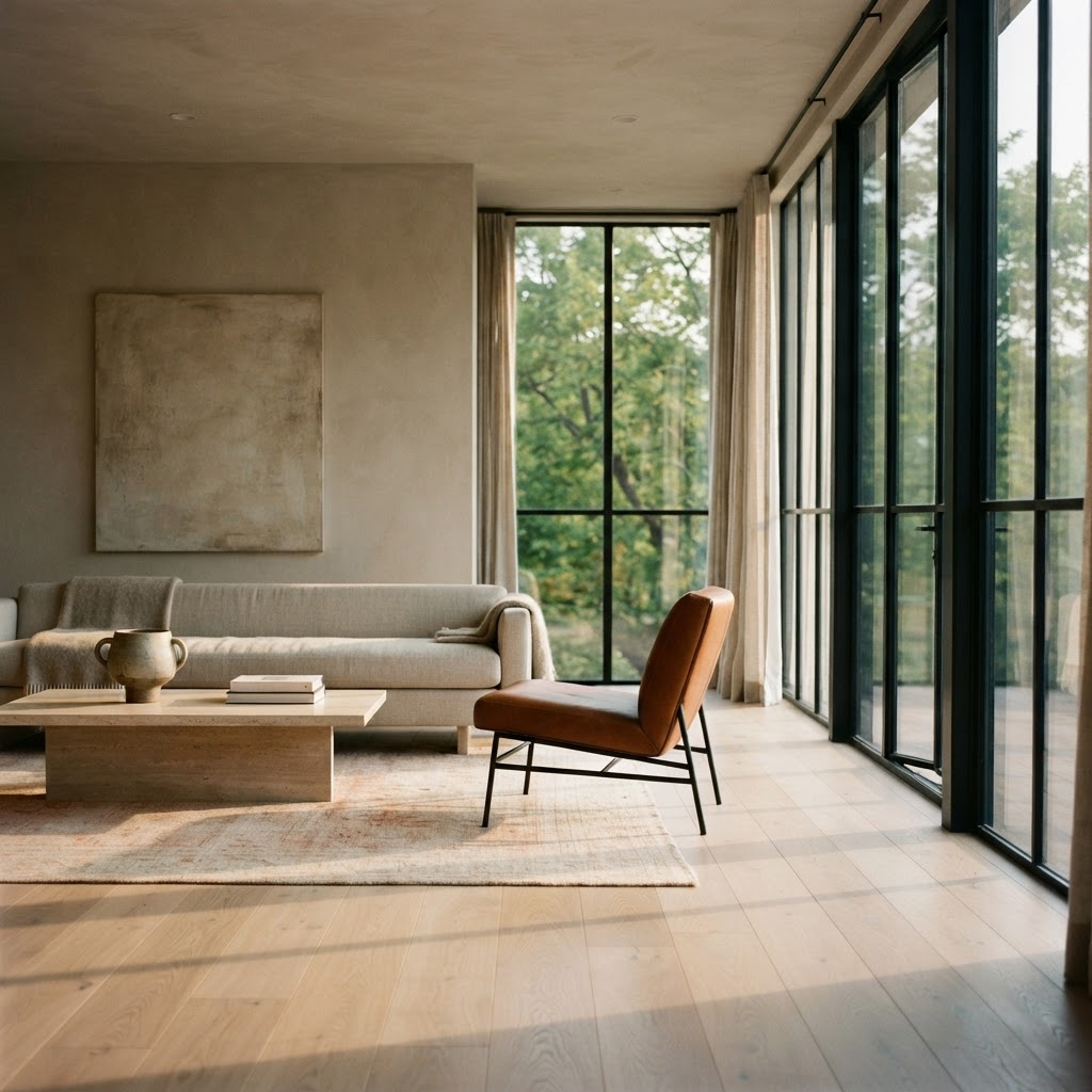 a sunlit contemporary living room with a linen sofa and leather lounge chair, representing the high-consideration home furnishings purchase.