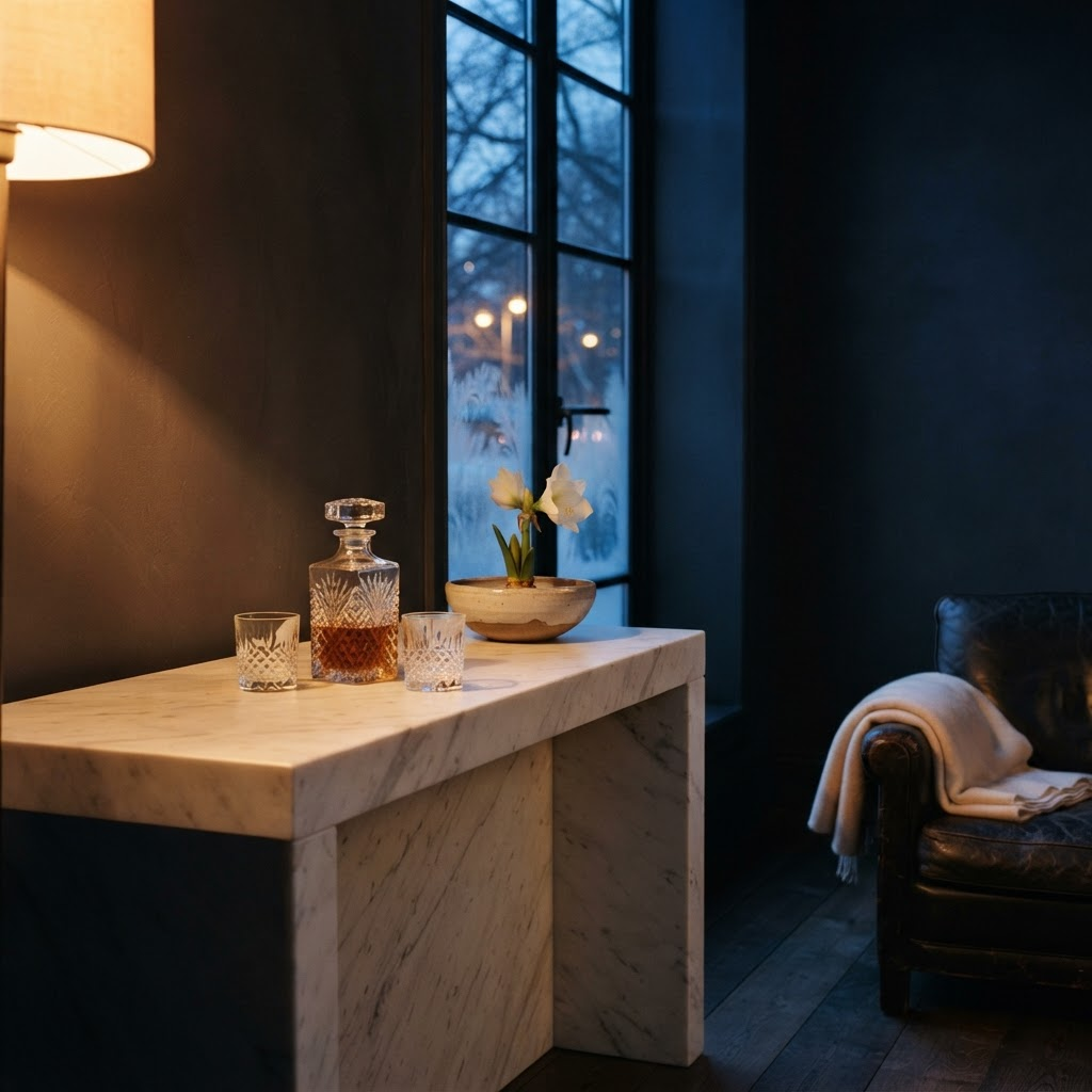 a quiet winter interior at blue hour with marble, crystal, and frost-edged glass, representing the Q4 luxury gifting season and its media cost dynamics.