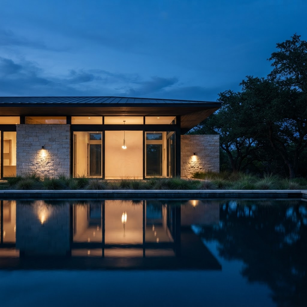 a contemporary custom residence in limestone and glass reflected in a still pool at dusk, representing the high-consideration custom home purchase.