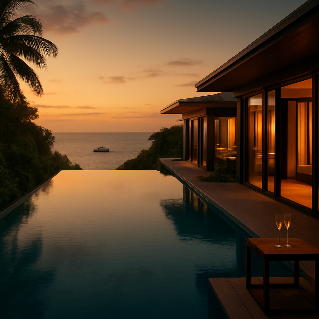 Stillwater Media luxury hospitality marketing agency — aerial view of luxury resort infinity pool at golden hour