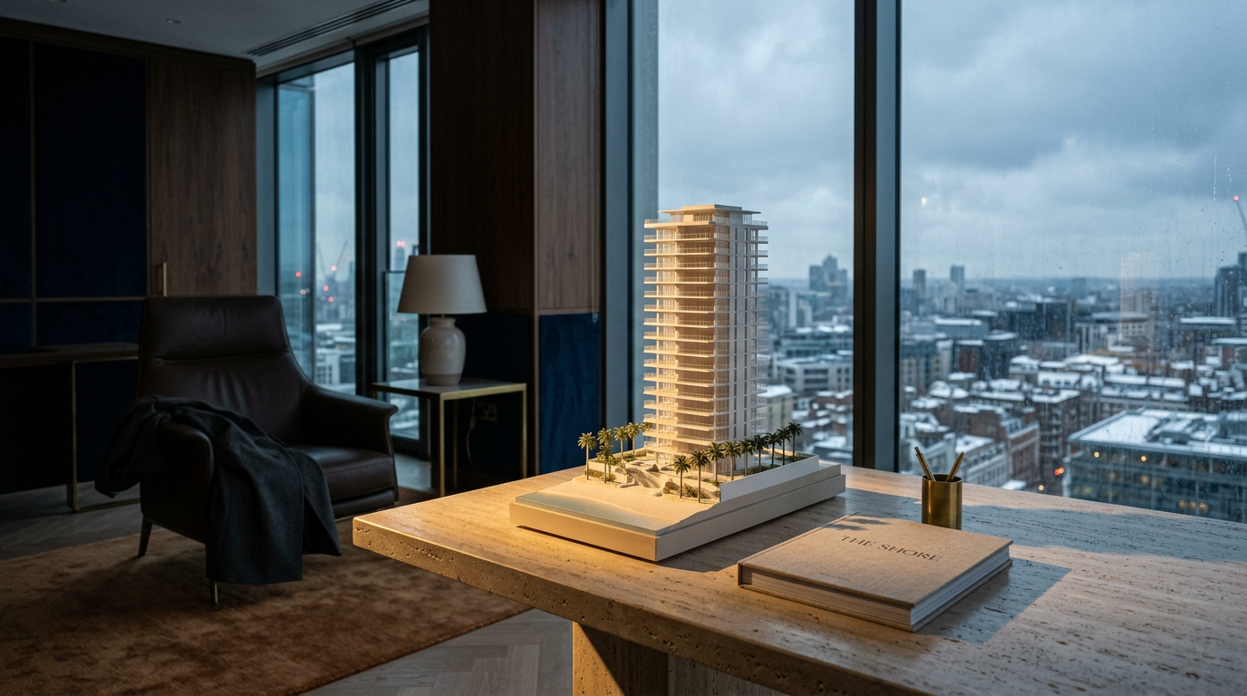 Stillwater Media cinematic image of an architectural model of a coastal residential tower on a stone table beside a window overlooking a distant winter skyline, representing how luxury real estate developers reach out-of-market buyers
