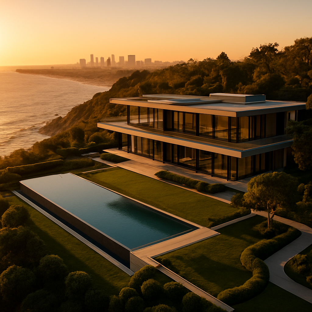 Aerial view of a luxury real estate development at dusk with city skyline in the background