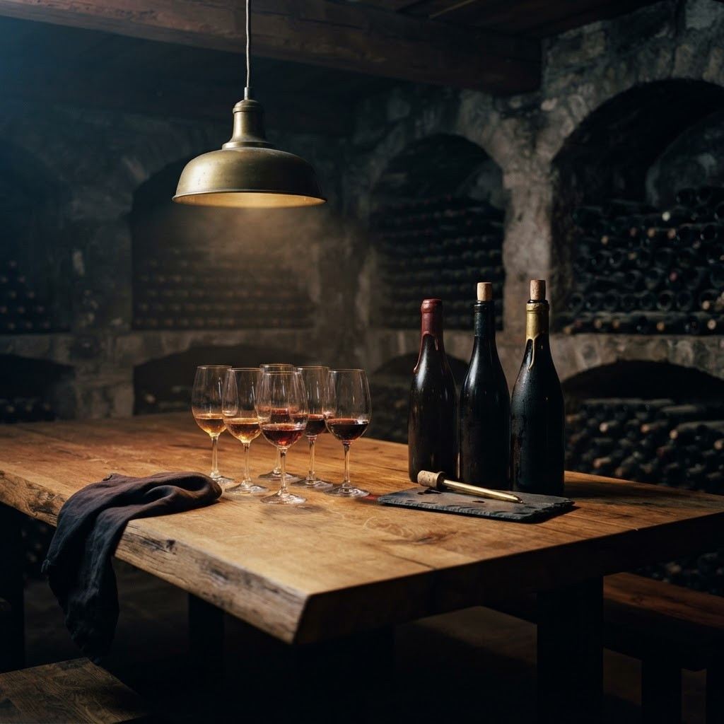 A private cellar tasting table with crystal glassware and aged bottles under warm low light