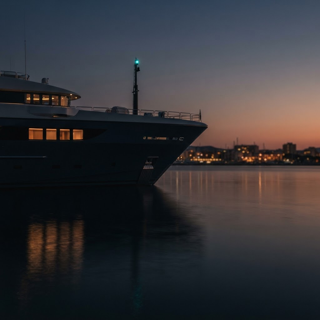 Stillwater Media luxury yacht marketing feature image — the unmarked bow of a superyacht at anchor in still water at dusk with a distant marina skyline