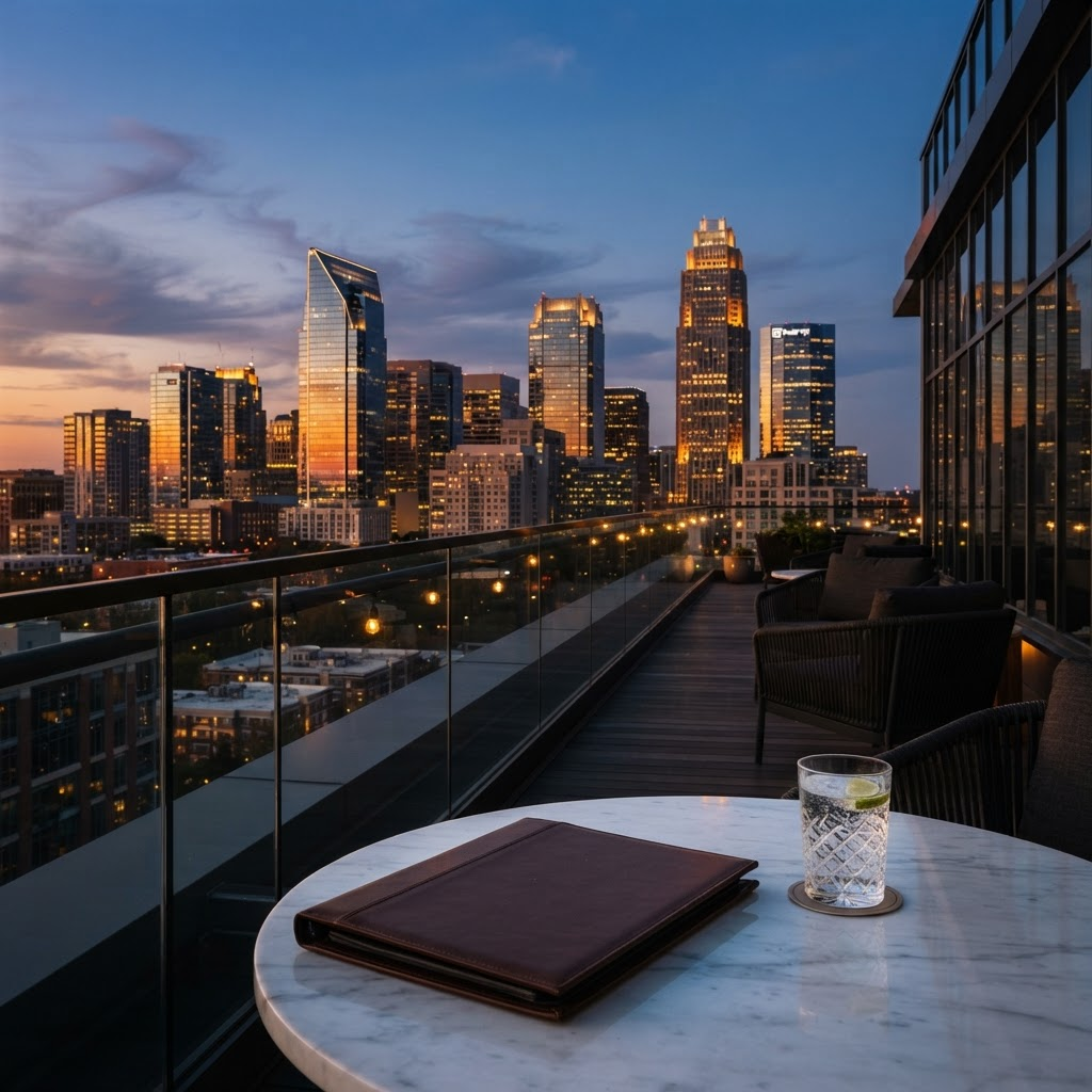 Stillwater Media — media agency Charlotte NC luxury skyline view at golden hour from an uptown rooftop