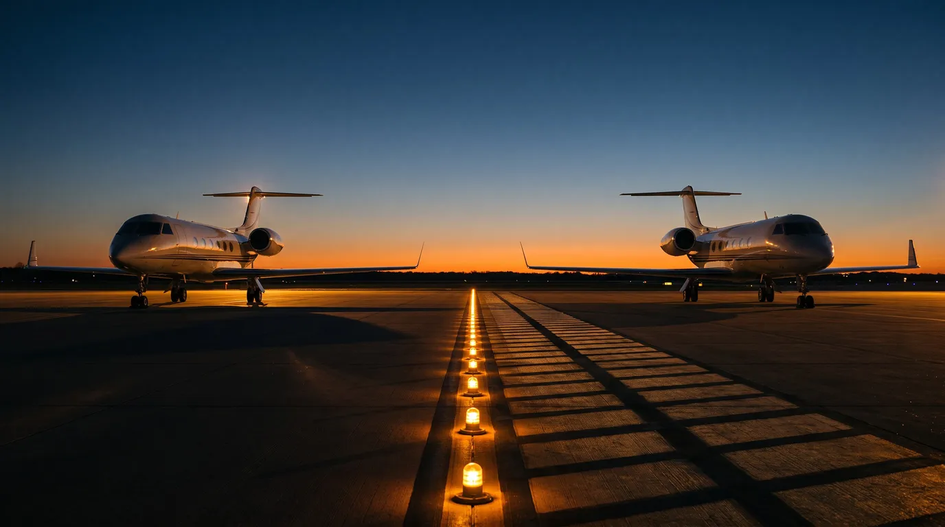 Stillwater Media moody image of two private jets separated by a line of taxiway lights at dusk, illustrating media agency conflicts of interest