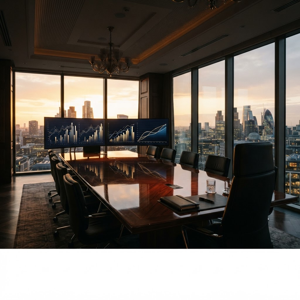 Stillwater Media luxury brand boardroom displaying media efficiency ratio advertising dashboards on curved monitors at dusk