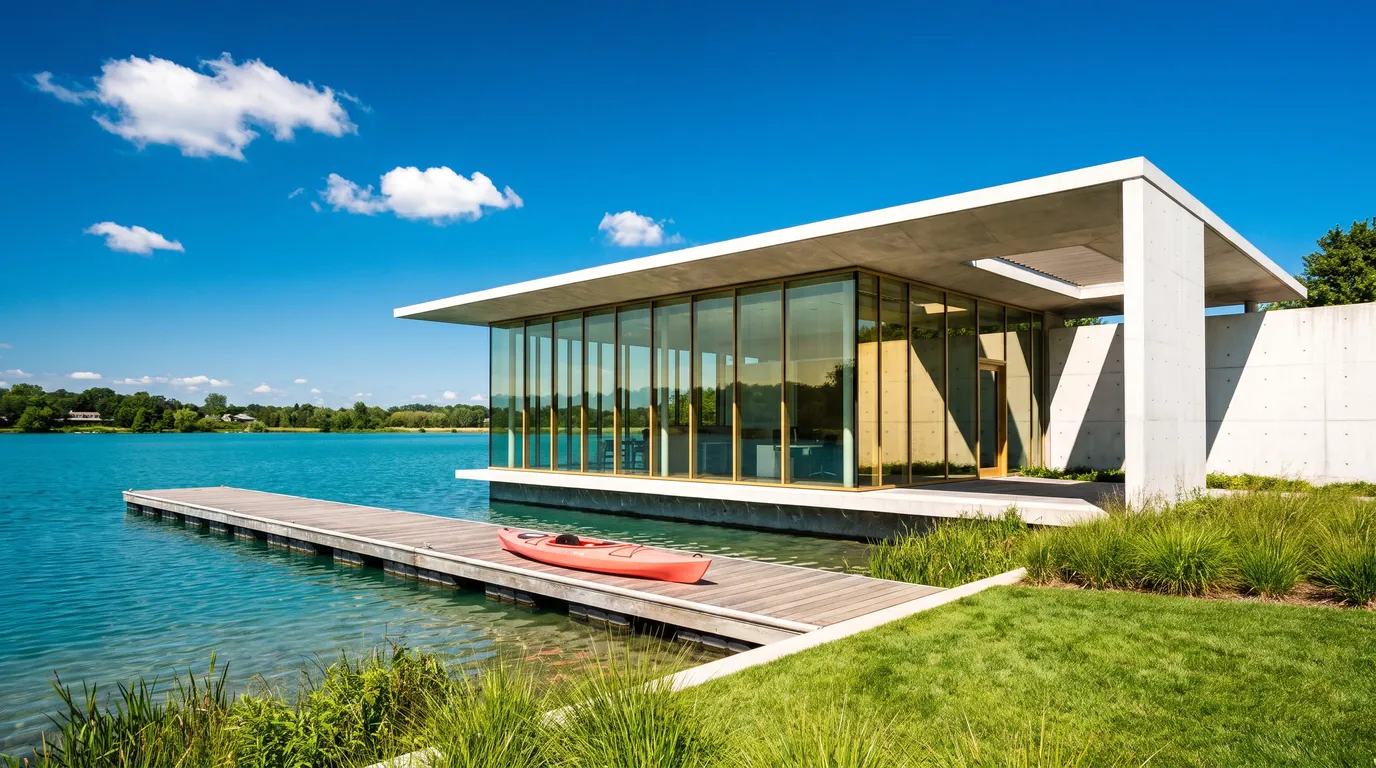 Stillwater Media vibrant daylight photograph of a glass pavilion on a turquoise lake, illustrating a media plan for a private equity backed consumer brand