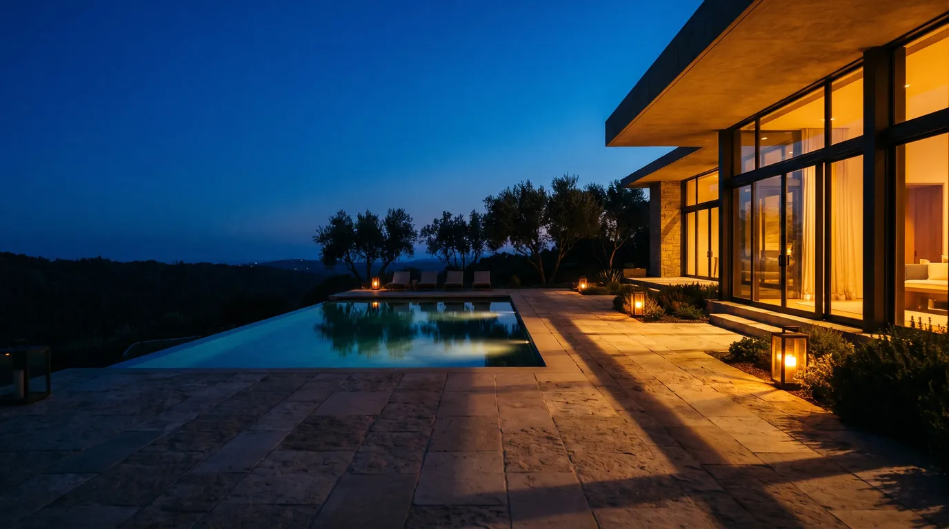 Stillwater Media moody blue-hour image of a hillside estate terrace, representing how to target high net worth audiences on Meta ads