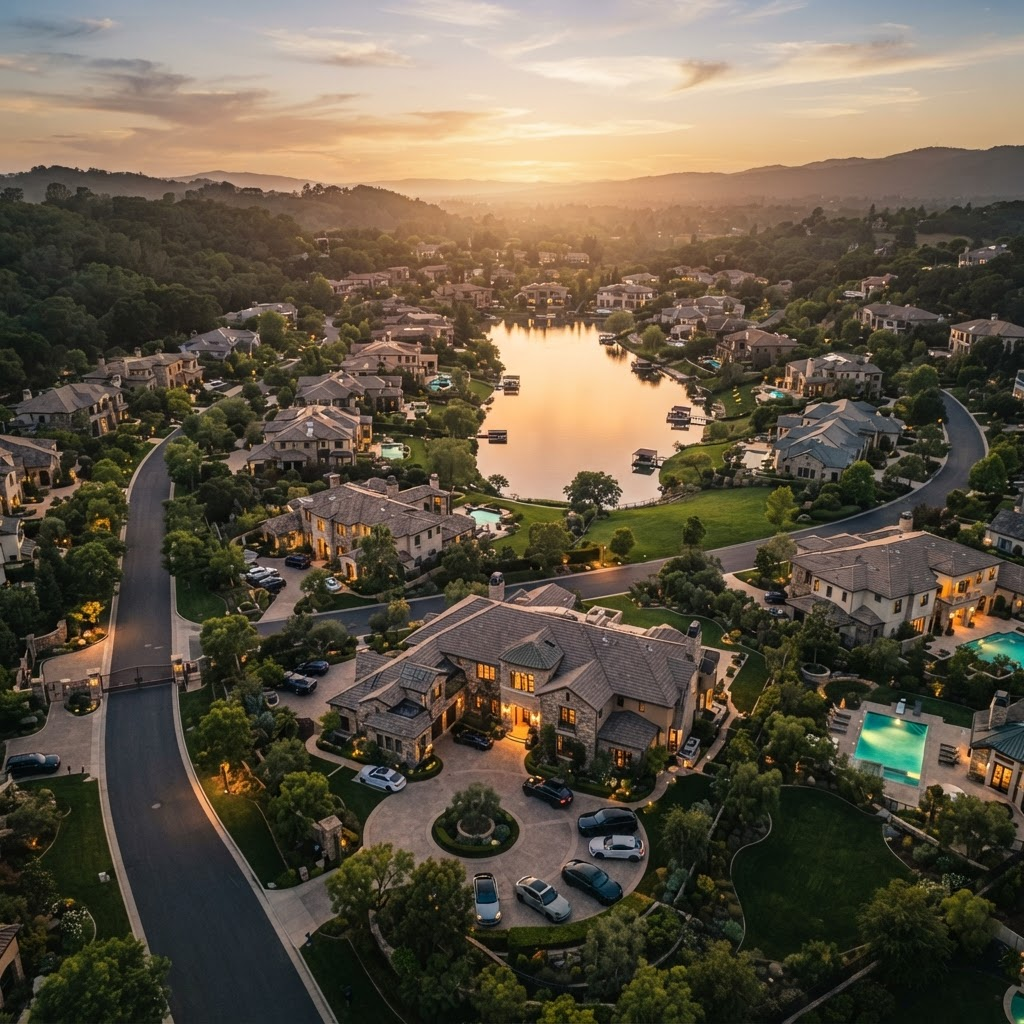Stillwater Media — millionaire household targeting digital advertising aerial view of an affluent gated neighborhood at dusk