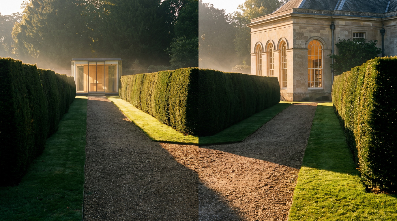 Stillwater Media cinematic image of two paths diverging through a manicured estate garden at golden hour, illustrating the choice between MNTN or a CTV agency