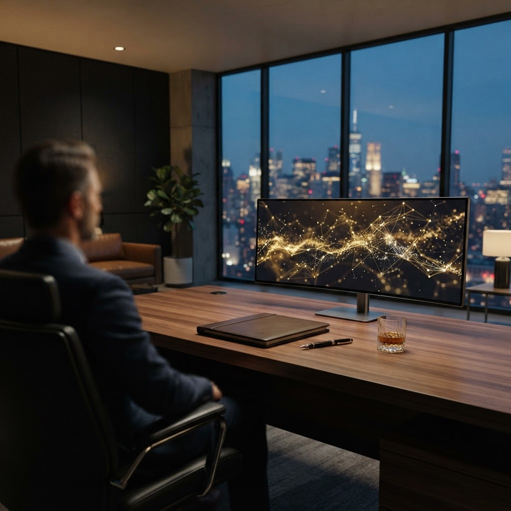 A minimalist executive office at dusk with a monitor showing an abstract flow of light from one point to another, illustrating Stillwater Media's guide to offline conversion tracking for luxury brands.