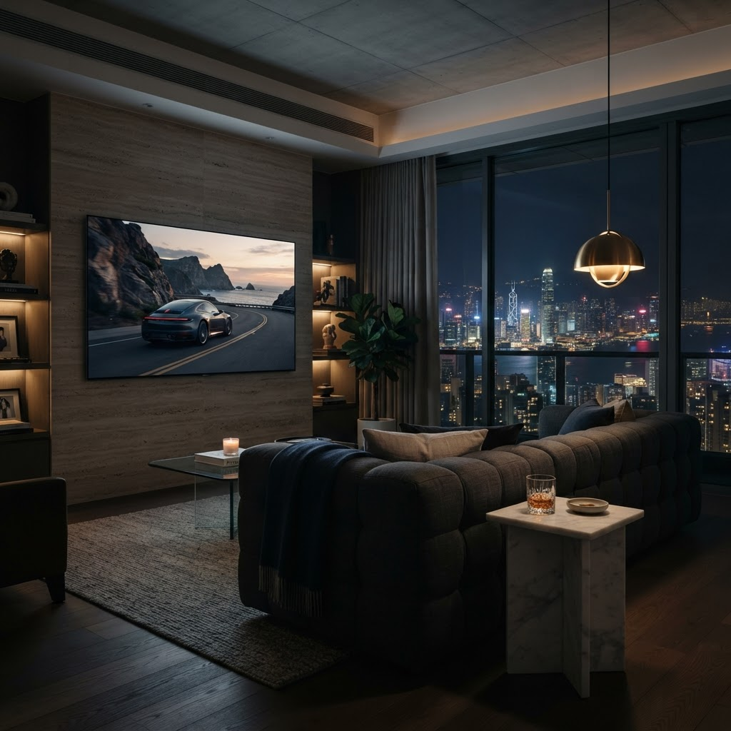 Stillwater Media OTT advertising for luxury brands displayed on a large smart TV in a high-end residential living room with city skyline views