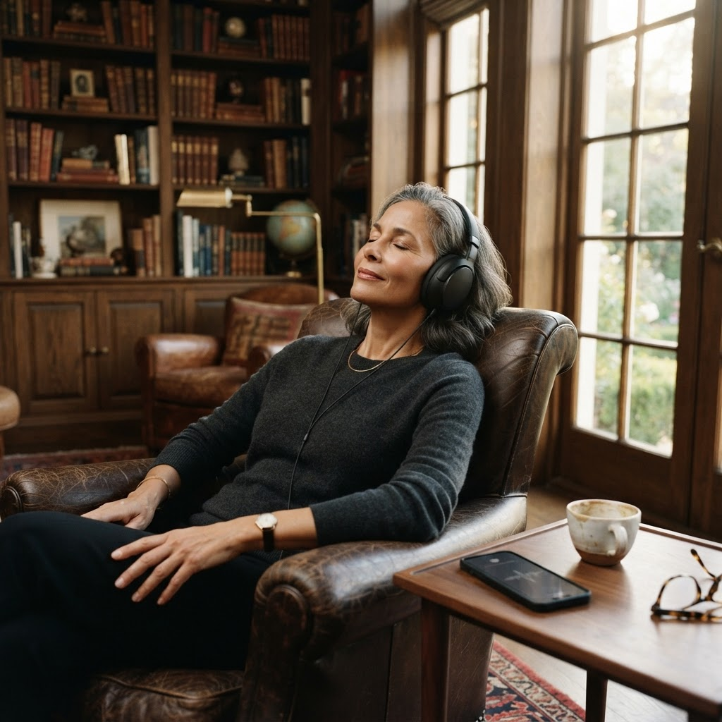 Stillwater Media podcast advertising for luxury brands — affluent listener wearing premium headphones engaged with long-form audio content in a refined home setting