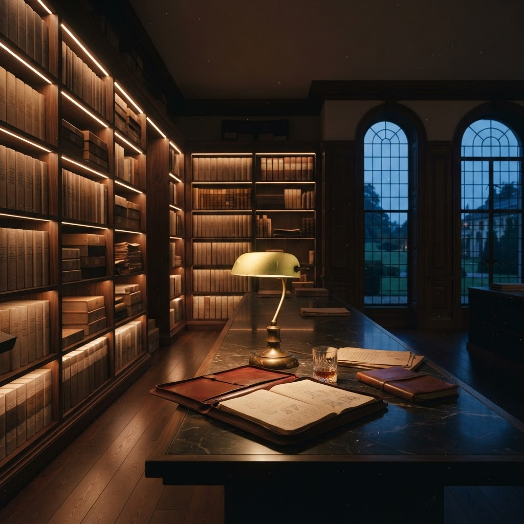 Stillwater Media guide illustration on premium consumer data partnerships for luxury brands showing an elegant private archive room with warm brass lamplight, walnut shelving, and soft drifting motes of blue light at dusk