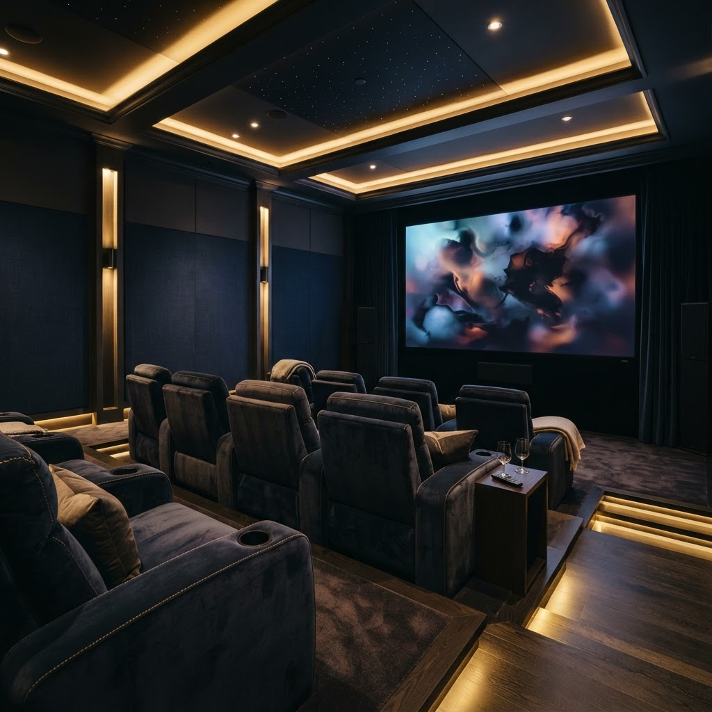 Stillwater Media premium CTV advertising agency illustration showing an affluent living room with a large screen streaming premium content at blue hour representing high-net-worth CTV reach