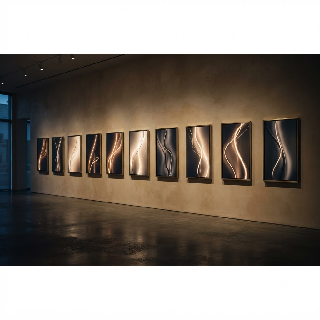 Stillwater Media premium display advertising network illustration showing a curated gallery wall of framed premium screens lit like artwork at blue hour representing hand-selected brand-safe display placements for luxury brands