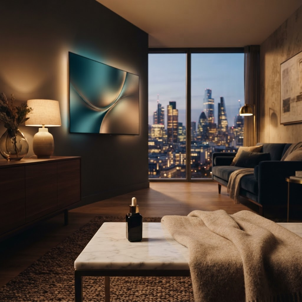 Stillwater Media premium DTC brand advertising concept — luxury living room with connected TV displaying an elegant brand campaign