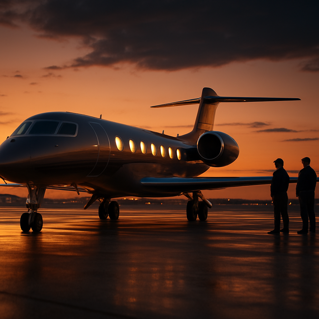 Luxury private jet on tarmac at dusk representing premium private aviation advertising