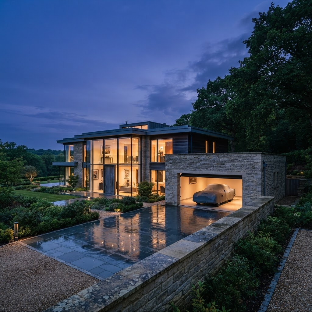 Stillwater Media guide to private client insurance advertising - a stone and glass estate at dusk with a covered collector car in the open garage bay, representing the concentrated assets that high-net-worth personal lines carriers underwrite.