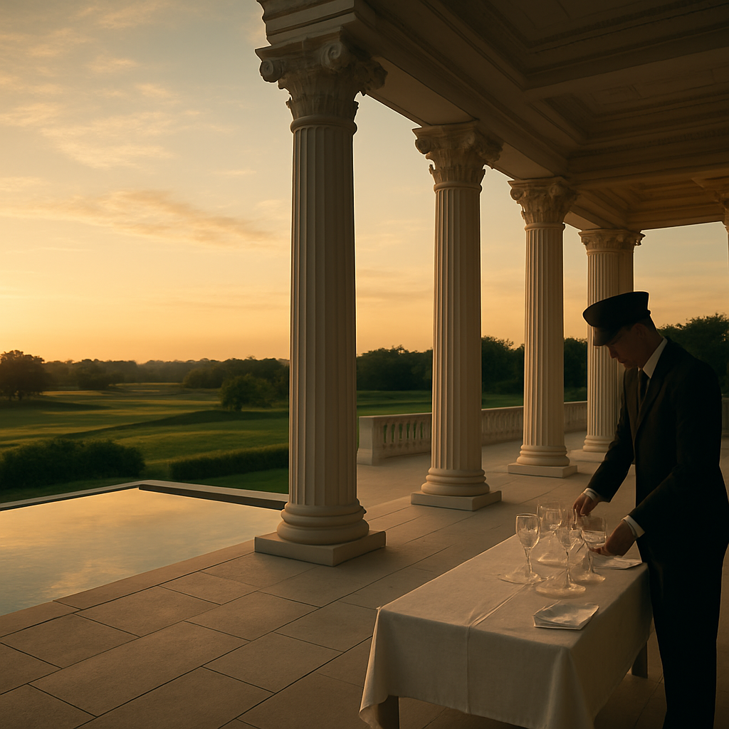 Elegant private club terrace with manicured grounds representing private club membership marketing