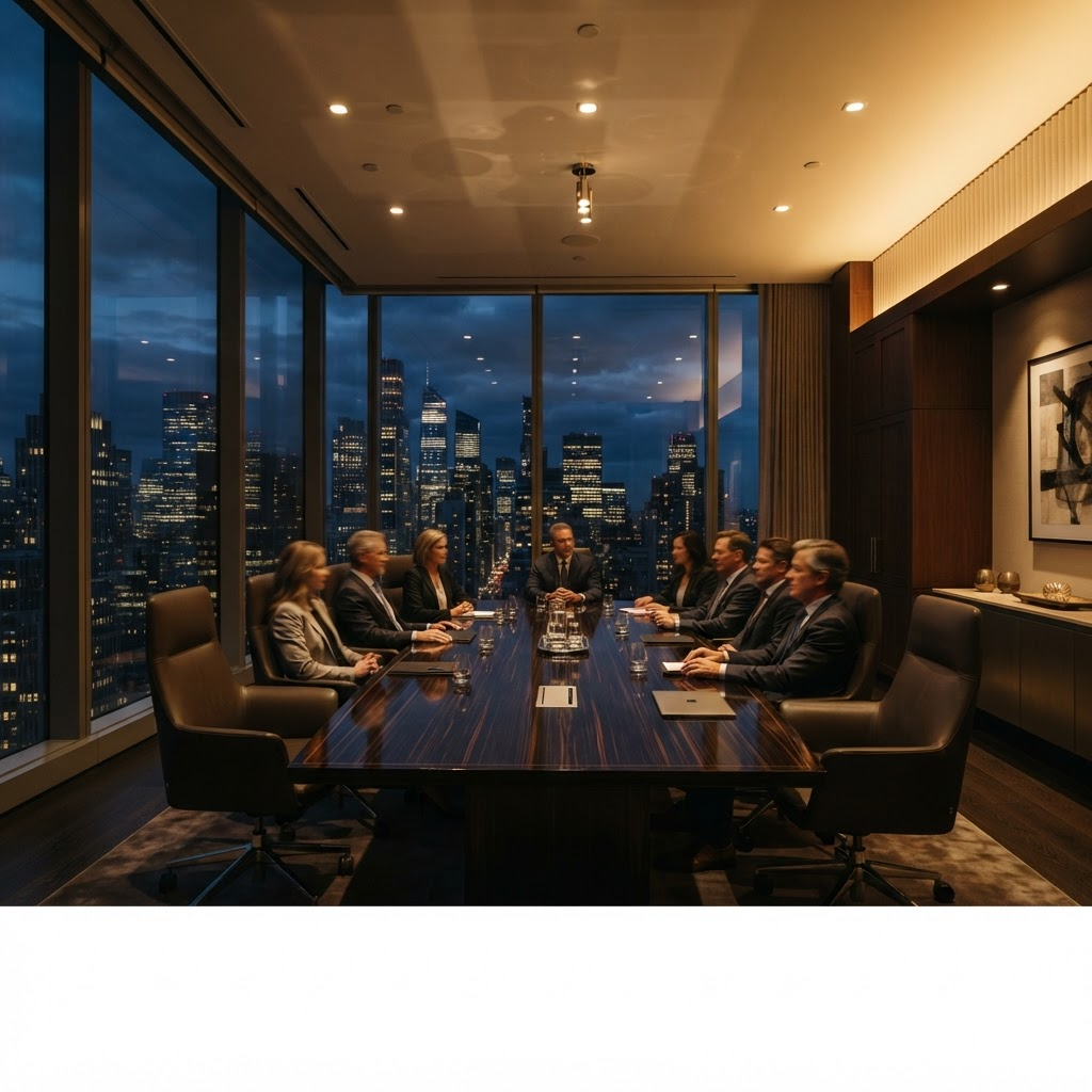 Stillwater Media private equity firm advertising illustration showing an empty institutional boardroom at dusk representing discreet capital relationships