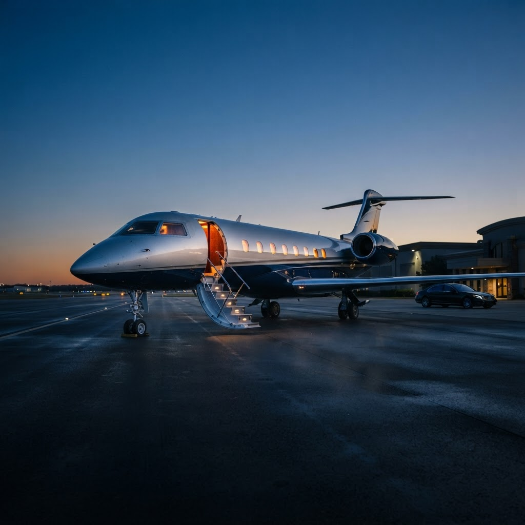 Stillwater Media guide illustration on private jet charter marketing with digital media showing a sleek private jet with a glowing cabin on a quiet tarmac at blue hour representing affluent flyer targeting for charter and jet card operators