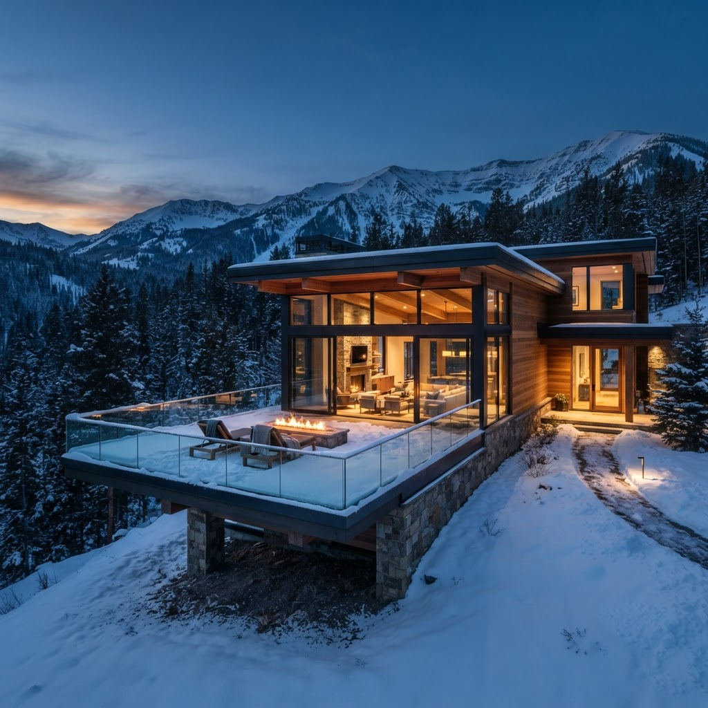 A cedar-and-glass mountain residence glowing at dusk, illustrating Stillwater Media's playbook for private residence club advertising and fractional ownership marketing.