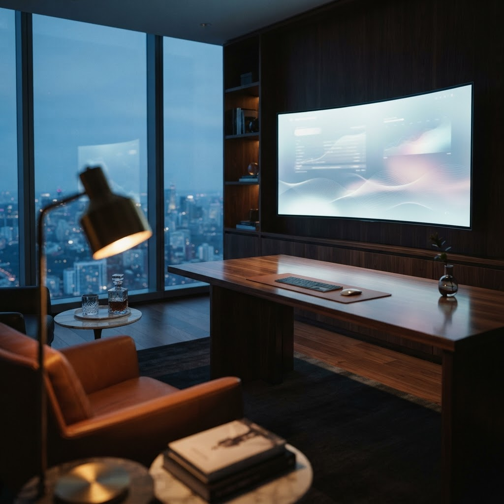 Stillwater Media guide illustration on programmatic advertising AI optimization for luxury brands showing a refined private study with a softly glowing curved screen of abstract data light at blue hour