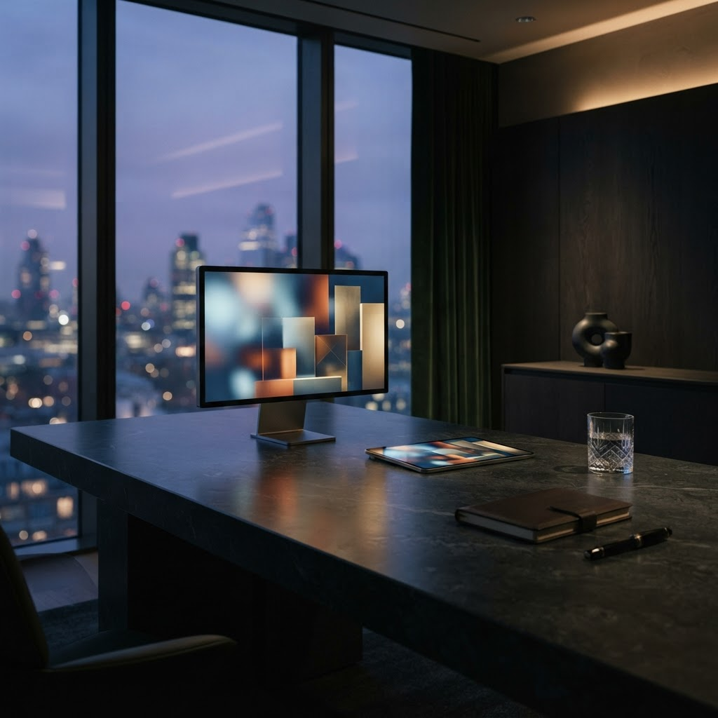 Stillwater Media programmatic advertising for luxury brands illustration showing a refined executive workspace with premium screens glowing at blue hour representing precise automated media buying