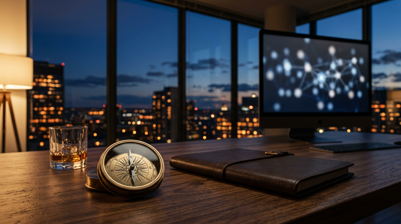 Stillwater Media cinematic image of a vintage brass compass on a dark desk beside a lit monitor, representing diagnosing programmatic advertising not converting
