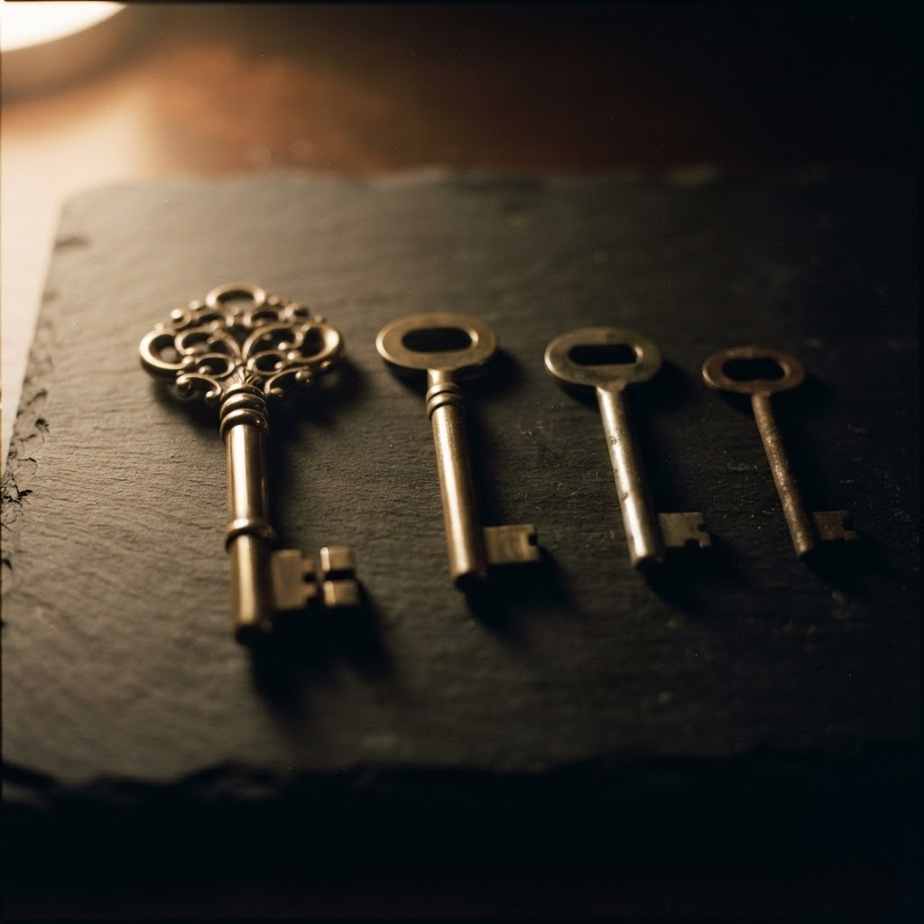 Stillwater Media illustration comparing programmatic deal types, showing four unmarked brass keys of descending size and polish arranged on dark honed slate