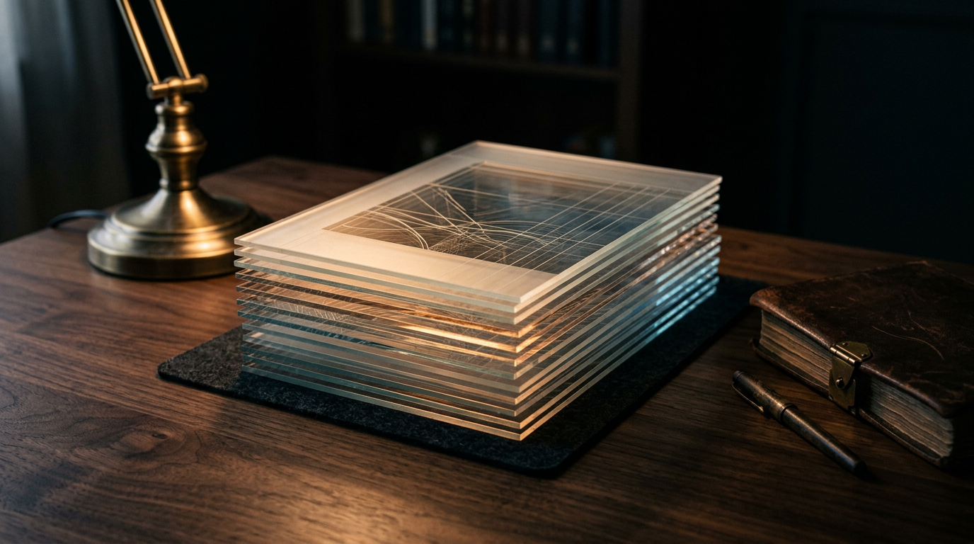 A cinematic illustration of a layered glass ledger representing the multiple fee layers inside a programmatic media budget for luxury brand advertising