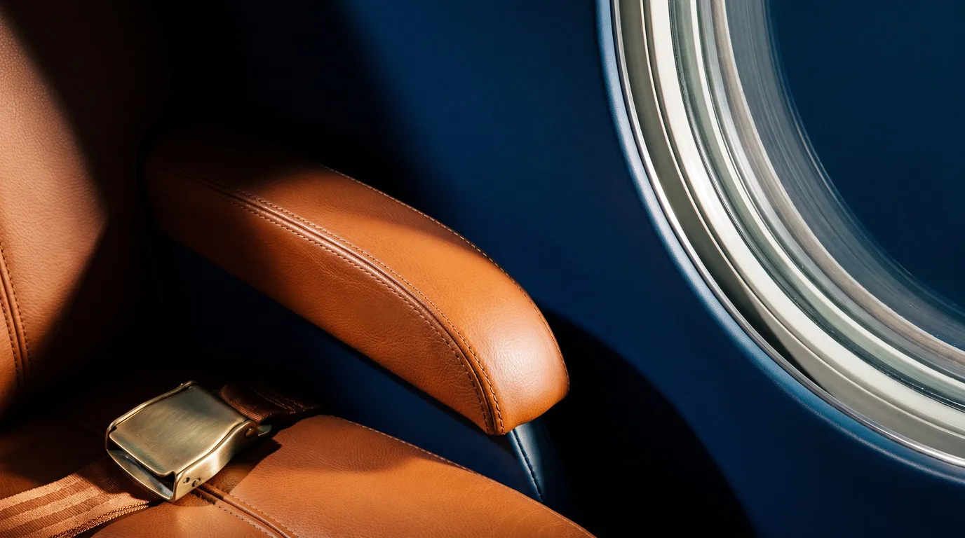 Stillwater Media creative macro image of private jet cabin leather and brass details on a navy backdrop, illustrating how to reach private jet owners with advertising